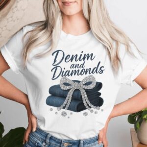 Denim And Diamonds Bow Ladies Girls Western Glam T-shirt