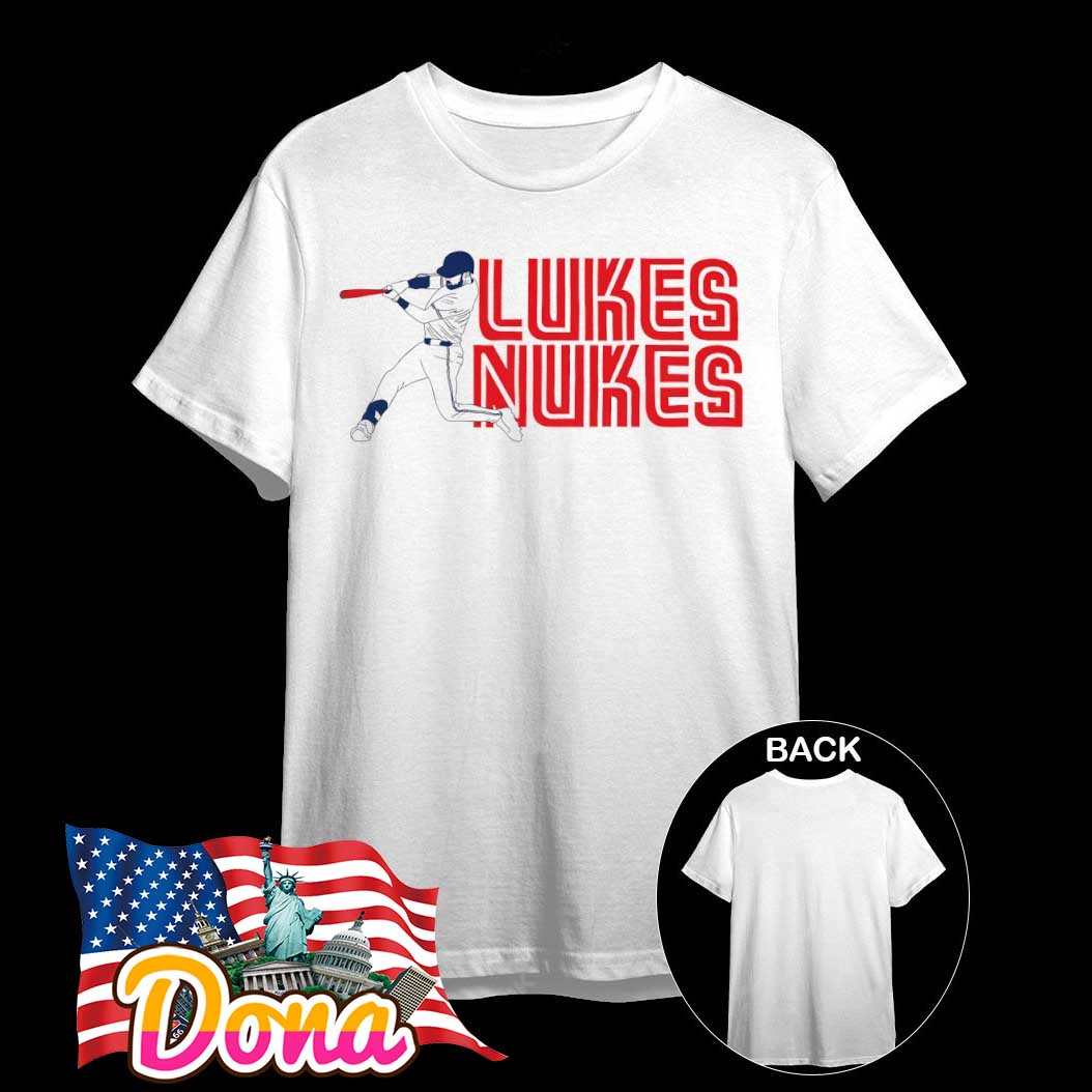 Lukes Nukes slugger swing Nathan Lukes Toronto Blue Jays T-shirt.jpg Lukes Nukes slugger swing Nathan Lukes Toronto Blue Jays T-Shirt
