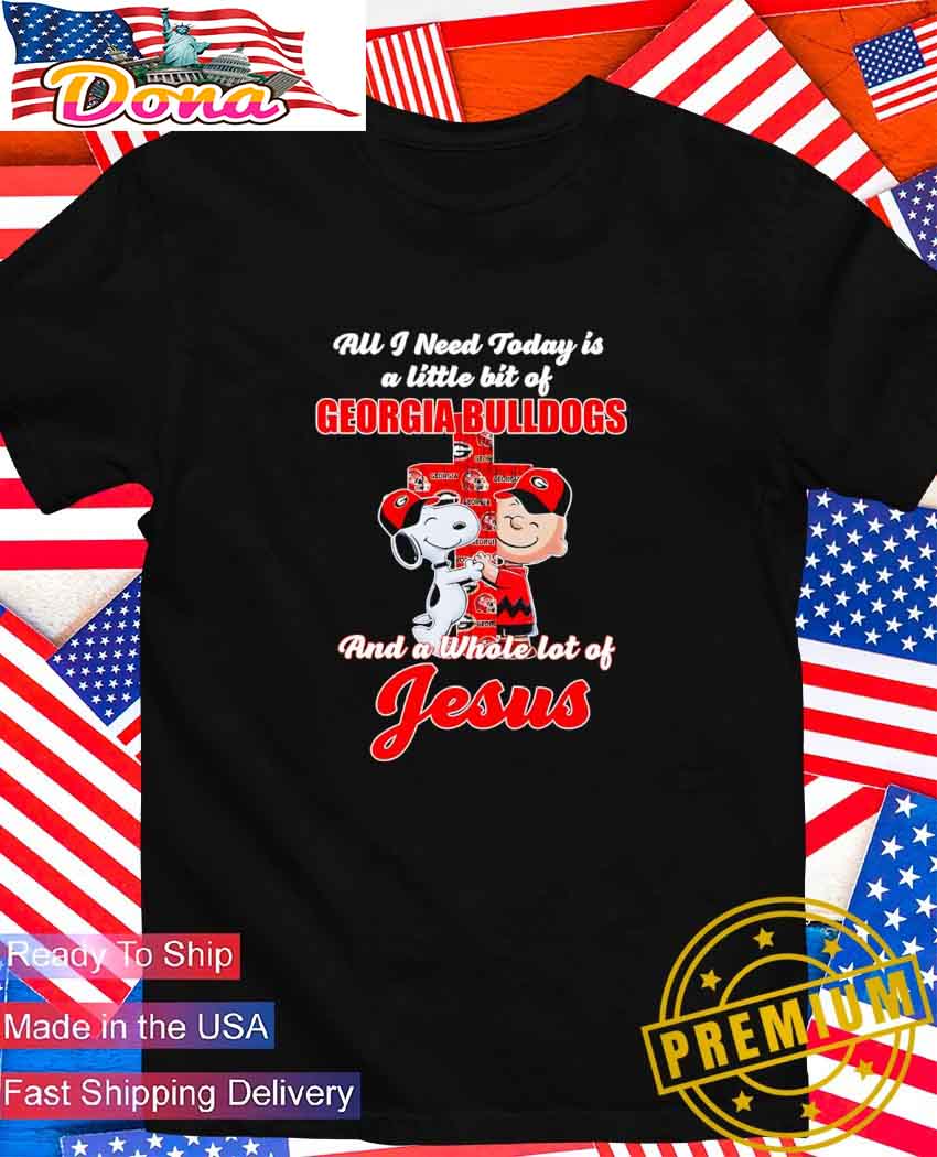 Snoopy and Charlie Brown hug cross all I need today is a little bit of Georgia Bulldogs and a whole lot of Jesus T-Shirt Snoopy and Charlie Brown hug cross all I need today is a little bit of Georgia Bulldogs and a whole lot of Jesus T-Shirt