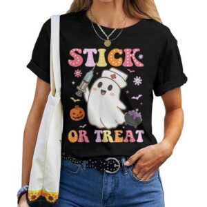 Stick Or Treat Cute Nurse Ghost Halloween Crew T-shirt