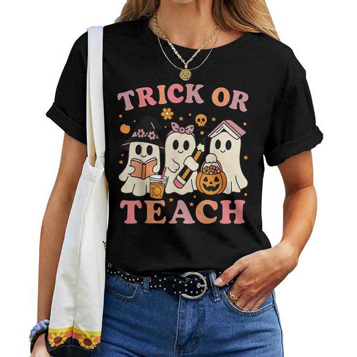 Teacher Halloween Trick Or Teach Cute Ghost Coffee Pumpkins T-shirt Teacher Halloween Trick Or Teach Cute Ghost Coffee Pumpkins T-shirt
